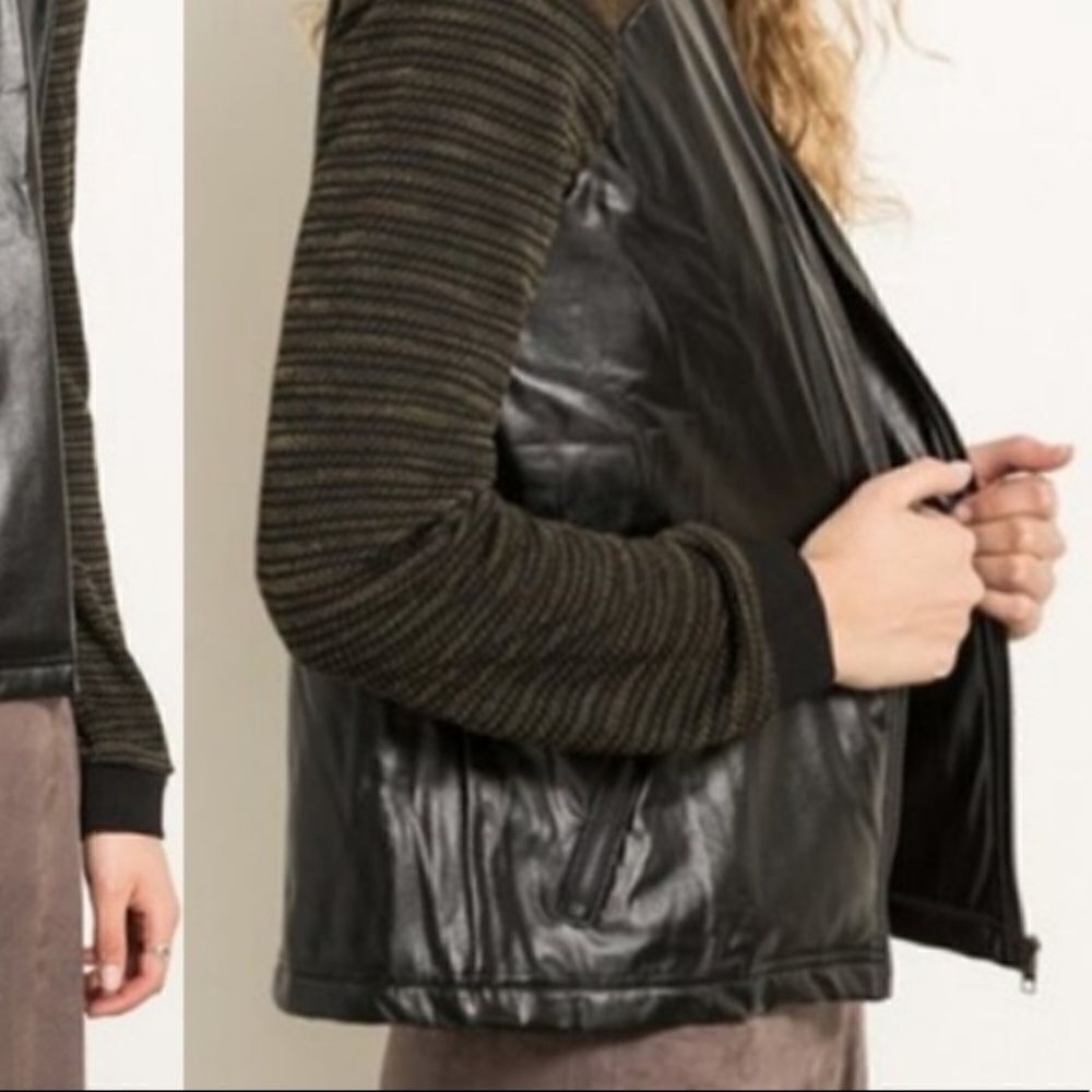 Vegan Leather/Knit Spliced Bomber Jacket - Picture 11 of 16